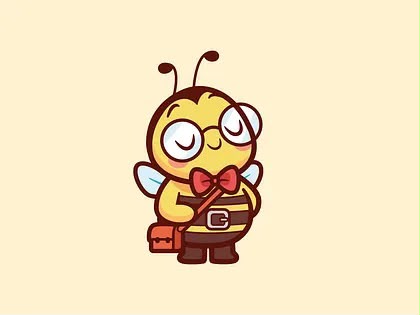 Bee, a round little bee with glasses, a red bow tie and a satchel
